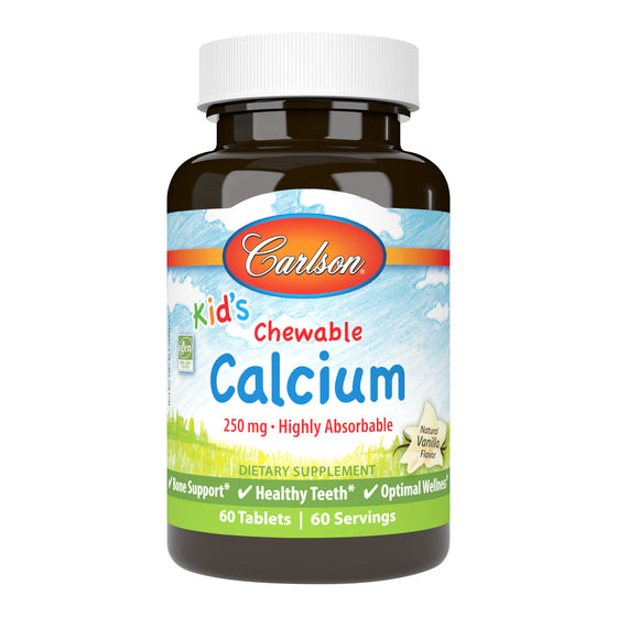 Carlson for Kids Chewable Calcium provides 250 mg of calcium in a tasty vanilla tablet to support strong, healthy bones. sku_5083-UPC toddler calcium supplement, calcium for kids, best calcium chewables