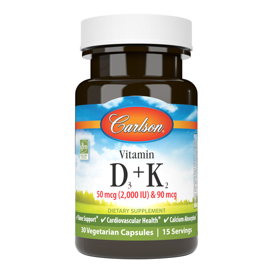 Provide your body with the power duo of vitamin D3 and K2 MK-7 with Carlson Vitamin D3 + K2. Each serving provides 2,000 IU (50 mcg) of vitamin D3 and 90 mcg of vitamin K2 as MK-7, which supports cardiovascular system health, and healthy bones and teeth. sku_1060-UPC carlson vitamin d, carlson vitamin d3, vitamin d3 k2 supplement