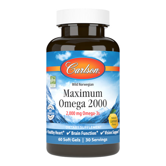 Maximum Omega 2000 provides 2,000 mg of omega-3s per serving, including 1,250 mg of EPA and 500 mg of DHA to promote heart, brain, vision, and joint health. sku_1720-UPC carlson maximum omega 2000, 2000 mg fish oil, omega 3 2000 mg