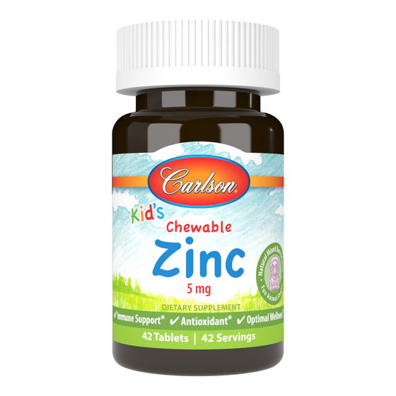 Kid's Chewable Zinc provides 5 mg of zinc in a single tablet, the recommended daily intake of the National Academy of Sciences for children ages 4 to 8. Kid's Chewable Zinc comes in fun animal-shaped chewables and has a delicious, natural mixed berry flavor that kids love. And like all Carlson products, it's tested by an FDA-registered laboratory for potency and quality. chewable zinc tablets, zinc for teens, chewable zinc