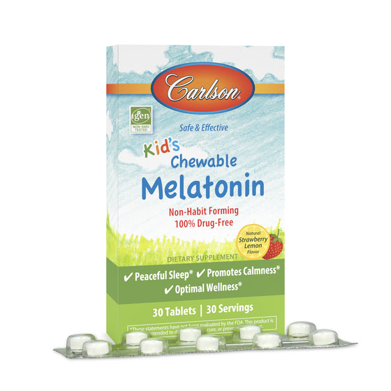 Kid's Chewable Melatonin come in delicious natural strawberry-lemon flavor and provide a microdose of 300 mcg of melatonin. Like all Carlson products, Kid's Chewable Melatonin is tested by an FDA-registered laboratory for potency and quality.