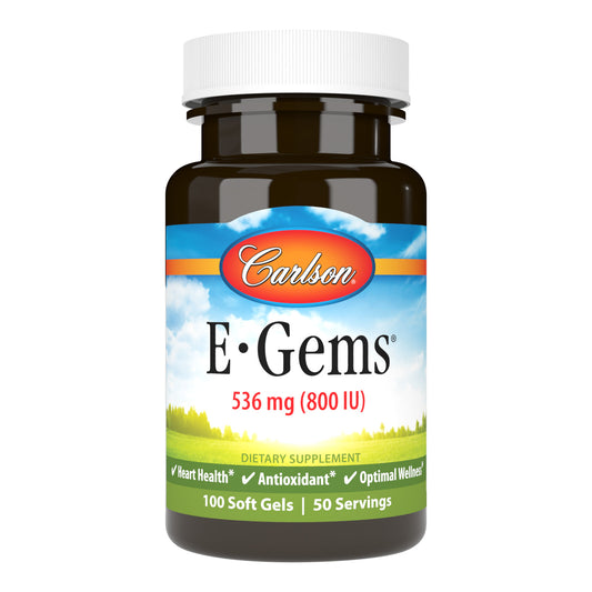 Since 1965, Carlson has provided one of the most complete lines of high-quality vitamin E. E-Gems 800 IU (536 mg) promotes cardiovascular health. sku_0380-UPC