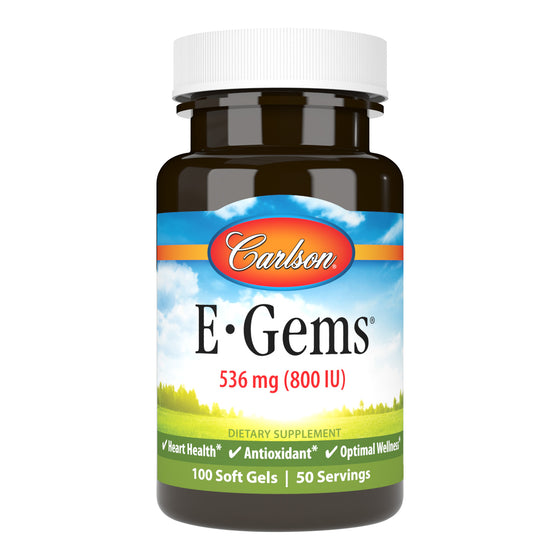 Since 1965, Carlson has provided one of the most complete lines of high-quality vitamin E. E-Gems 800 IU (536 mg) promotes cardiovascular health. sku_0380-UPC