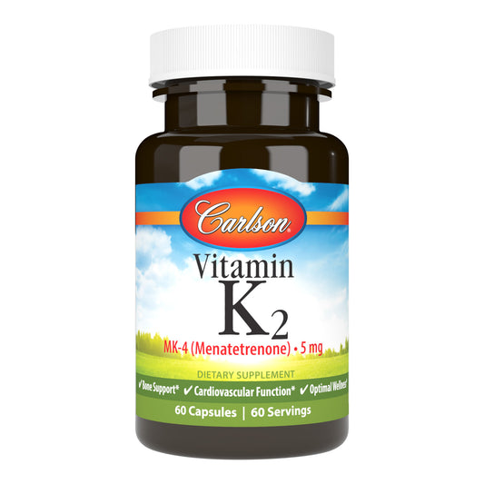 Research suggests vitamin K2 as MK-4 promotes healthy bones and supports cardiovascular system health. Carlson Vitamin K2 provides 5 mg of MK-4 in each capsule. sku_1000-UPC