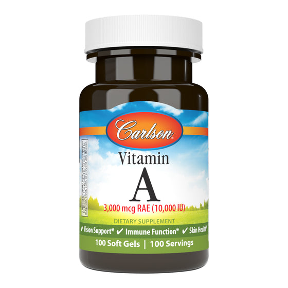 Vitamin A 10,000 IU (3,000 mcg RAE) is important for healthy vision. sku_1111-UPC vitamin a rae, 10000 iu vitamin a, rae vitamins