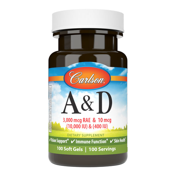 Vitamins A & D provides 10,000 IU (3,000 mcg RAE) of vitamin A from palmitate and fish liver oil and 400 IU (10 mcg) of vitamin D3. sku_1211-UPC
