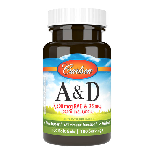 Vitamin A & D provides 25,000 IU (7,500 mcg RAE) of vitamin A from palmitate and fish liver oil and 1,000 IU (25 mcg) of vitamin D3. sku_1241-UPC