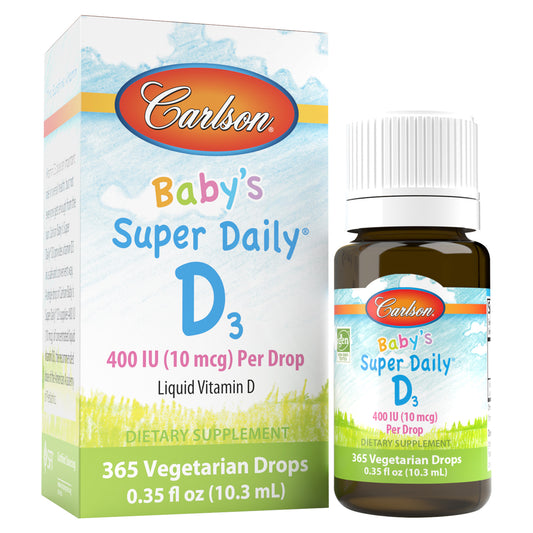Baby's Super Daily® D3 provides 400 IU (10 mcg) of vitamin D3 in a single, convenient, unflavored drop. Place a drop in your baby's bottle, or use it while breastfeeding. carlson vitamin d drops, baby vitamin d drops.  sku_1250