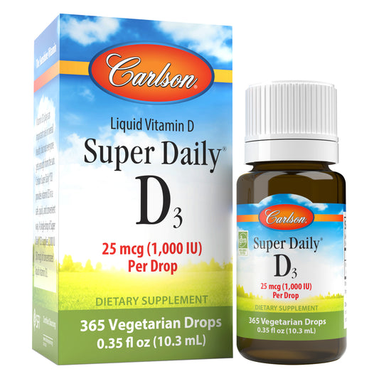Super Daily D3 provides 1,000 IU (25 mcg) of vitamin D3 in a single drop that can be placed in food or a drink. Vitamin D3 promotes bone, heart, and immune health.