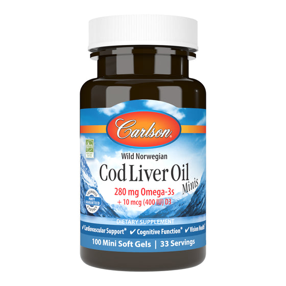 Norwegian Cod Liver Oil Minis provide vitamins A and D and the important omega-3s EPA and DHA, which support heart, brain, vision, and joint health. mini fish oil pills, mini fish oil softgels sku_1311-3