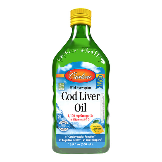 Carlson Cod Liver Oil has won numerous awards for its taste and quality. It's wild-caught off the coast of Norway and comes in lemon, green apple, fruit splash, or natural flavor. sku_1352 cod liver oil, norwegian cod liver oil, cod liver oil liquid