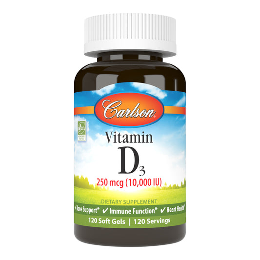 Carlson Vitamin D3 10,000 IU (250 mcg) promotes strong bones, supports immune system health, and helps regulate calcium and phosphorus metabolism. sku_1421-UPC
