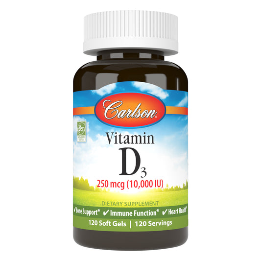 Carlson Vitamin D3 10,000 IU (250 mcg) promotes strong bones, supports immune system health, and helps regulate calcium and phosphorus metabolism. sku_1421-UPC