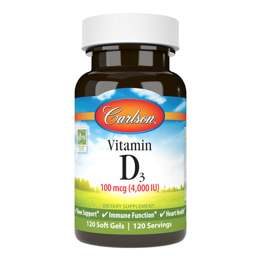 Carlson Vitamin D3 4,000 IU (100 mcg) promotes strong bones, supports immune system health, and helps regulate calcium and phosphorus metabolism. sku_1431-UPC-1 vitamin d 4000 iu