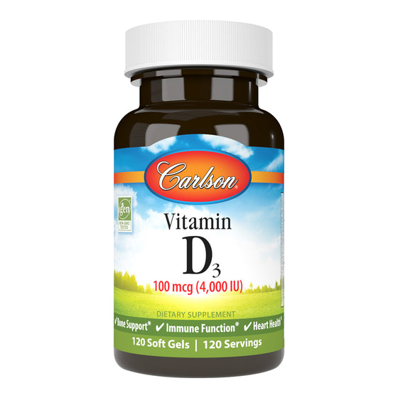 Carlson Vitamin D3 4,000 IU (100 mcg) promotes strong bones, supports immune system health, and helps regulate calcium and phosphorus metabolism. sku_1431-UPC-1 vitamin d 4000 iu