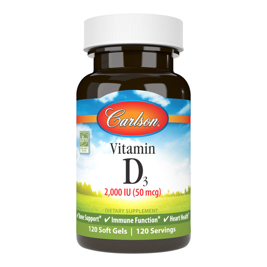 Carlson Vitamin D3 2,000 IU (50 mcg) promotes strong bones, supports immune system health, and helps regulate calcium and phosphorus metabolism. sku_1461-UPC