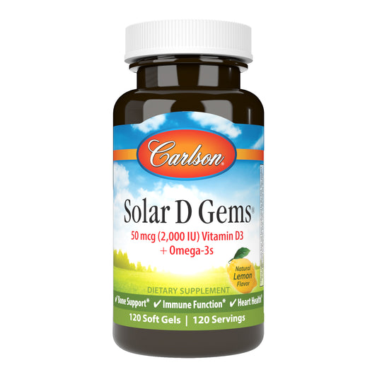 Solar D Gems blend vitamin D3 and the most beneficial omega-3s EPA and DHA to support heart and immune health. 