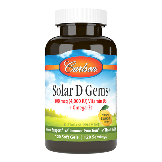 Solar D Gems® provides a blend of 4,000 IU (100 mcg) of vitamin D3, which supports immune health, and 115 mg of wild caught, sustainably sourced omega-3s, which support heart, brain, vision, and joint health. sku_1481
