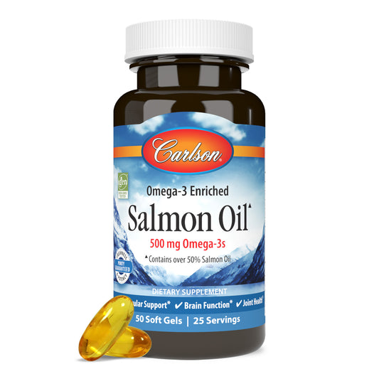 Each serving of Carlson Salmon Oil provides 500 mg of omega-3s, including EPA and DHA. salmon oil supplement, carlson salmon oil, fish oil 500 mg