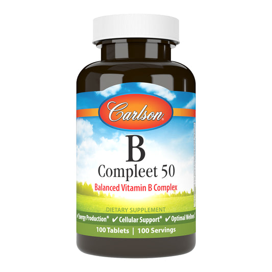 Carlson B Compleet is a balanced blend of the important B-complex vitamins, which support healthy energy production, cellular health, and optimal wellness. balanced b 50 