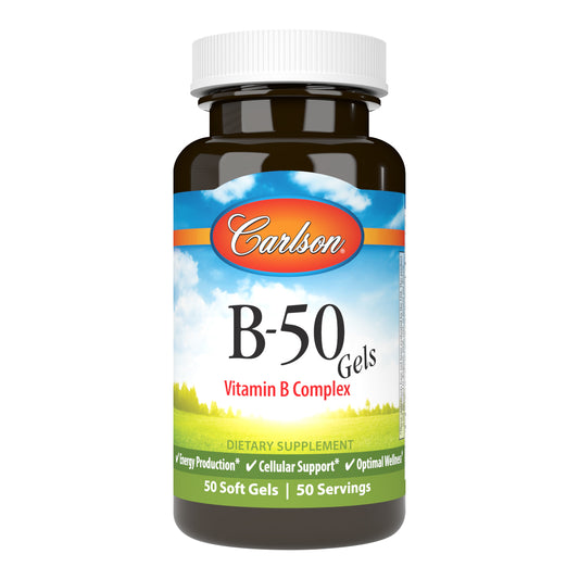 Carlson B-50 Gels are a blend of the important B-complex vitamins, designed so you can conveniently get your daily dose of vitamin B in one soft gel. sku_2060-UPC vitamin b 50, b 50 complex