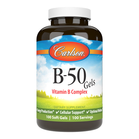 Carlson B-50 Gels are a blend of the important B-complex vitamins, designed so you can conveniently get your daily dose of vitamin B in one soft gel. sku_2061-UPC vitamin b 50, b 50 complex