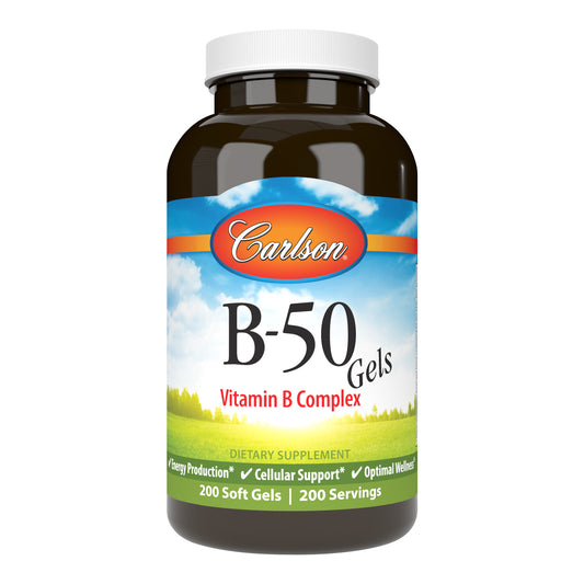 Carlson B-50 Gels are a blend of the important B-complex vitamins, designed so you can conveniently get your daily dose of vitamin B in one soft gel. sku_2062-UPC vitamin b 50, b 50 complex