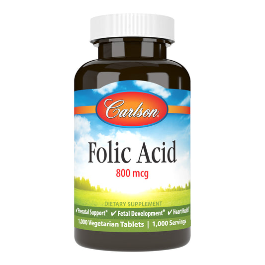 Carlson Folic Acid 800 mcg provides important B vitamins for women who are pregnant or may become pregnant. sku_2666-UPC 800 mcg folic acid