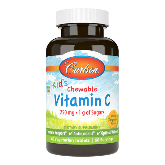 Carlson for Kids Chewable Vitamin C provides 250 mg of vitamin C in each tangerine-flavored chewable to support immune system health. sku_3100-UPC
chewable vitamin c for kids, toddler vitamin c, chewable vitamin c tablets