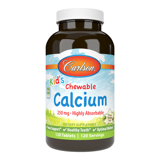 Carlson for Kids Chewable Calcium provides 250 mg of calcium in a tasty vanilla tablet to support strong, healthy bones. sku_5084-UPC toddler calcium supplement, calcium for kids, best calcium chewables