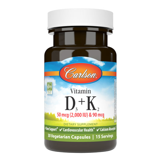 Provide your body with the power duo of vitamin D3 and K2 MK-7 with Carlson Vitamin D3 + K2. Each serving provides 2,000 IU (50 mcg) of vitamin D3 and 90 mcg of vitamin K2 as MK-7, which supports cardiovascular system health, and healthy bones and teeth. sku_1060-UPC carlson vitamin d, carlson vitamin d3, vitamin d3 k2 supplement