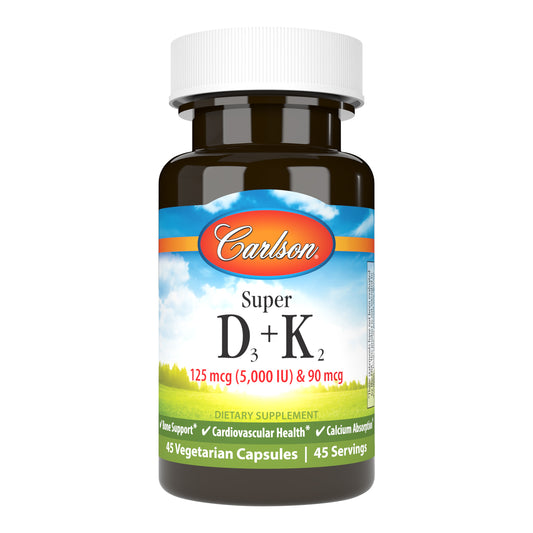 Super D3 + K2 provides a high-potency blend of vitamins D3 and K2 as MK-7, which work synergistically to support the cardiovascular system and promote bone health.