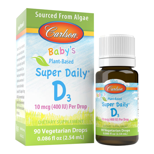 Baby's Plant-Based Super Daily® D3 is sustainably sourced from algae and provides 400 IU (10 mcg) of vegetarian vitamin D3 in a single drop, the recommended daily intake of the American Academy of Pediatrics. plant based vitamin d3, plant based vitamin d