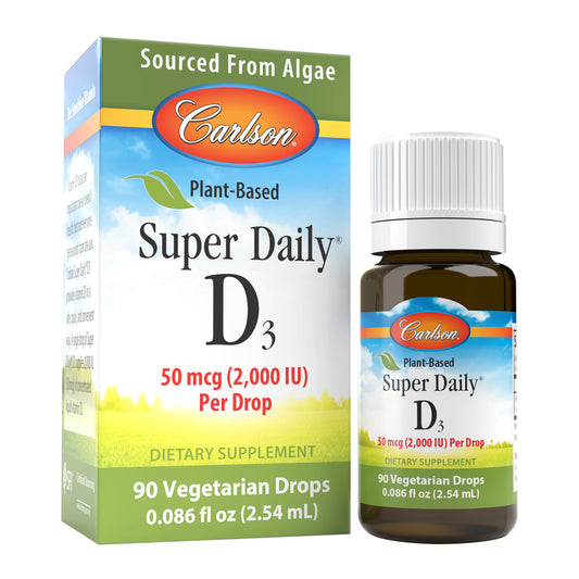 Plant-Based Super Daily® D3 is sustainably sourced from algae and provides 2,000 IU (50 mcg) of vegetarian vitamin D3 in a single drop to promote cardiovascular, immune, teeth, bone, and muscle health.