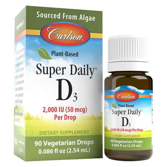 Plant-Based Super Daily® D3 is sustainably sourced from algae and provides 2,000 IU (50 mcg) of vegetarian vitamin D3 in a single drop to promote cardiovascular, immune, teeth, bone, and muscle health.