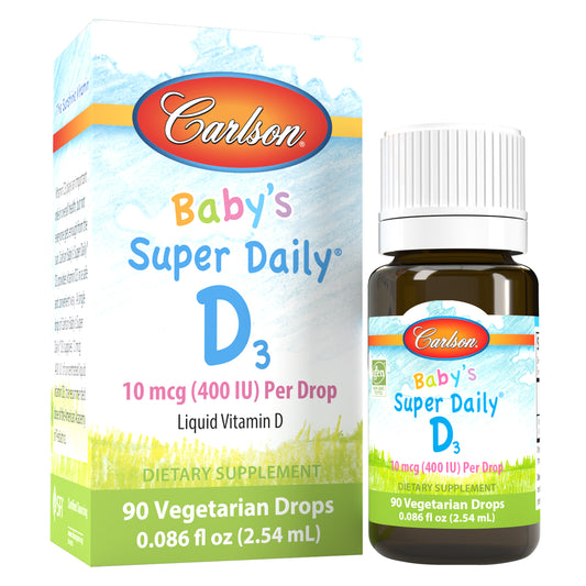 Baby's Super Daily® D3 provides 400 IU (10 mcg) of vitamin D3 in a single, convenient, unflavored drop. Place a drop in your baby's bottle, or use it while breastfeeding. carlson vitamin d drops, baby vitamin d drops.  sku_1255-UPC 