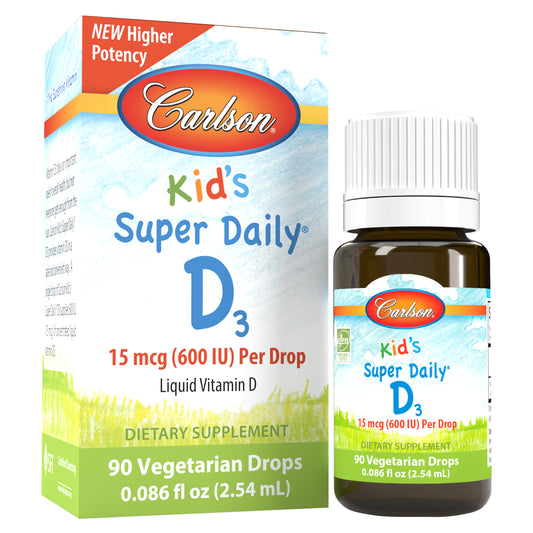 Kid's Super Daily D3 provides vitamin D3 in one convenient flavor-free drop to support healthy growth and development. Choose from 400 IU (10 mcg) or 600 IU (15 mcg). vitamin d for kids. sku_1261