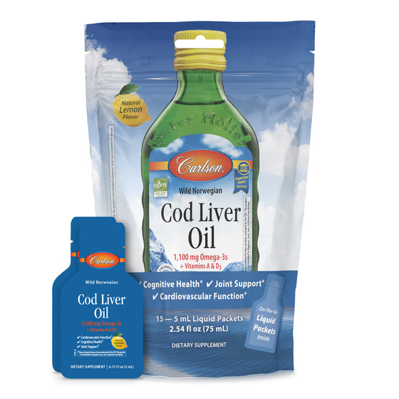 Carlson Cod Liver Oil is now available in convenient, single-serving packets for on-the-go - great for a purse, work bag, or gym bag.