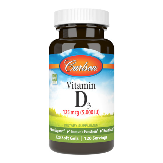 Carlson Vitamin D3 5,000 IU (125 mcg) promotes strong bones, supports immune system health, and helps regulate calcium and phosphorus metabolism. sku_1411-2
