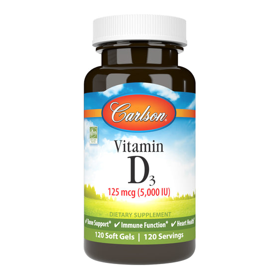 Carlson Vitamin D3 5,000 IU (125 mcg) promotes strong bones, supports immune system health, and helps regulate calcium and phosphorus metabolism. sku_1411-2
