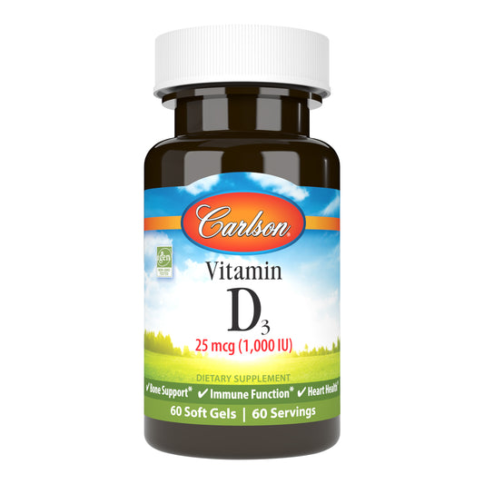 Carlson Vitamin D3 1,000 IU (25 mcg) promotes strong bones, supports immune system health, and helps regulate calcium and phosphorus metabolism. sku_1450-UPC