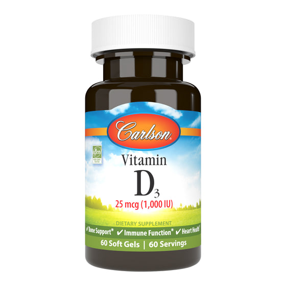 Carlson Vitamin D3 1,000 IU (25 mcg) promotes strong bones, supports immune system health, and helps regulate calcium and phosphorus metabolism. sku_1450-UPC