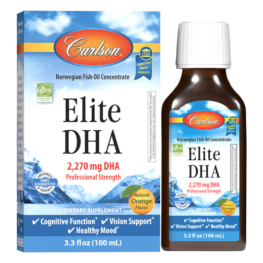 Elite DHA in delicious orange flavor provides a highly concentrated dose of 2,270 mg of DHA in a single teaspoonful to support brain, vision, and mood health. 