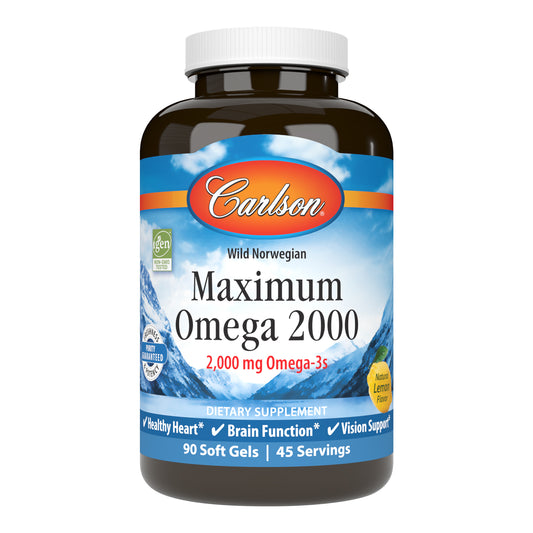 Maximum Omega 2000 provides 2,000 mg of omega-3s per serving, including 1,250 mg of EPA and 500 mg of DHA to promote heart, brain, vision, and joint health. sku_1721-UPC carlson maximum omega 2000, 2000 mg fish oil, omega 3 2000 mg