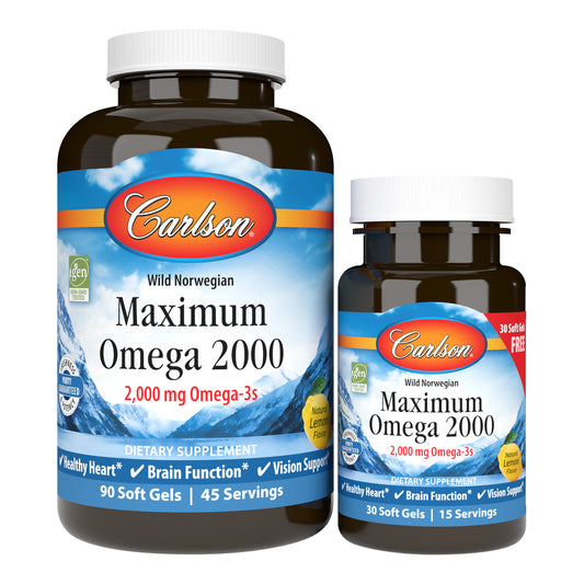 Maximum Omega 2000 provides 2,000 mg of omega-3s per serving, including 1,250 mg of EPA and 500 mg of DHA to promote heart, brain, vision, and joint health. sku_1724 carlson maximum omega 2000, 2000 mg fish oil, omega 3 2000 mg