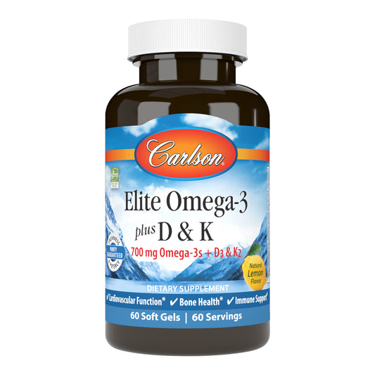 A single soft gel of Elite Omega-3 + D & K provides 700 mg of omega-3s; 2,000 IU (50 mcg) of vitamin D3; and 90 mcg of MK-7. sku_1751-UPC