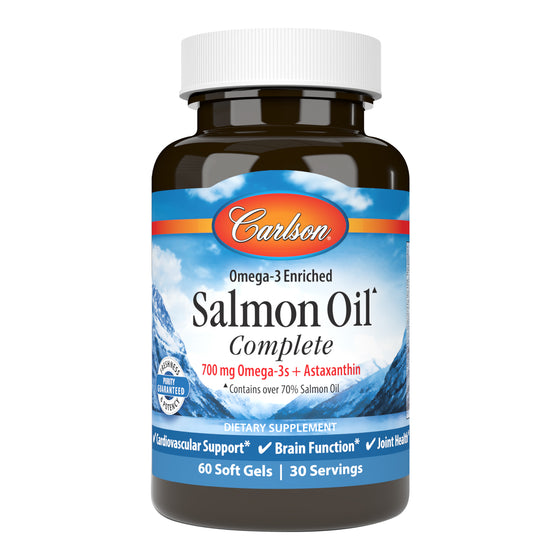 Salmon Oil Complete provides 15 different fatty acids, including omega-9, omega-7, omega-6, and the beneficial omega-3s EPA and DHA. 