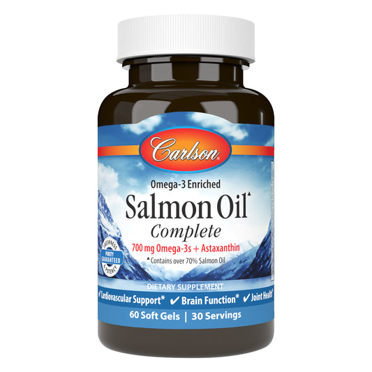 Salmon Oil Complete provides 15 different fatty acids, including omega-9, omega-7, omega-6, and the beneficial omega-3s EPA and DHA. sku_1830-UPC