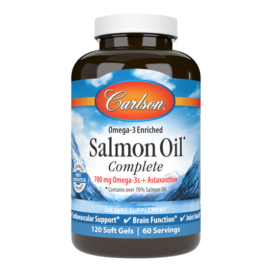 Salmon Oil Complete provides 15 different fatty acids, including omega-9, omega-7, omega-6, and the beneficial omega-3s EPA and DHA. 