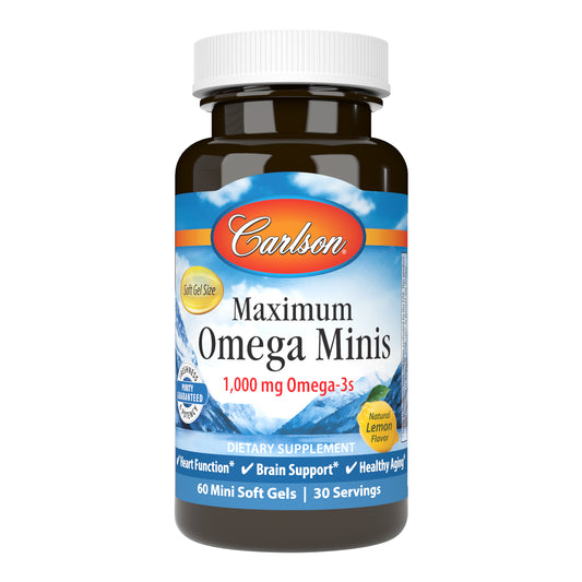 Maximum Omega Minis are encapsulated in mini soft gels and are tested by an FDA-registered laboratory for freshness, potency, and purity.